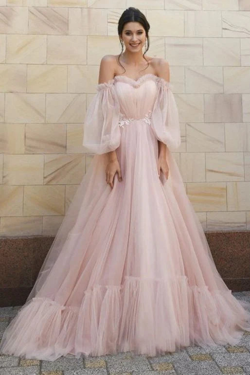 Weitese A-line Off Shoulder Long Puffy Sleeves Pink Tulle Floor Length Formal Gown Prom Dress Prom Dresses Stores